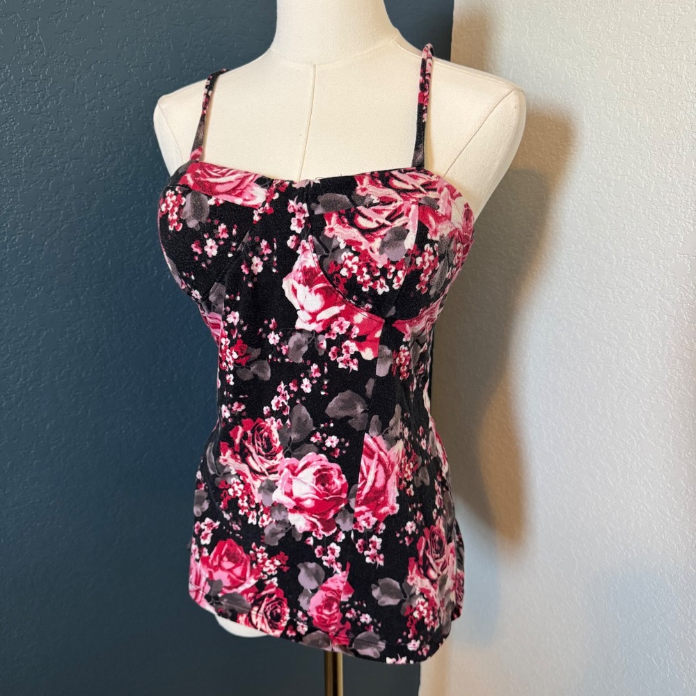 Y2K Coquette Floral No Boundaries Bustier Cami Top XL Black Pink